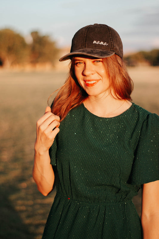 KENNA EMBROIDERED MAMA BASEBALL CAP IN CHARCOAL